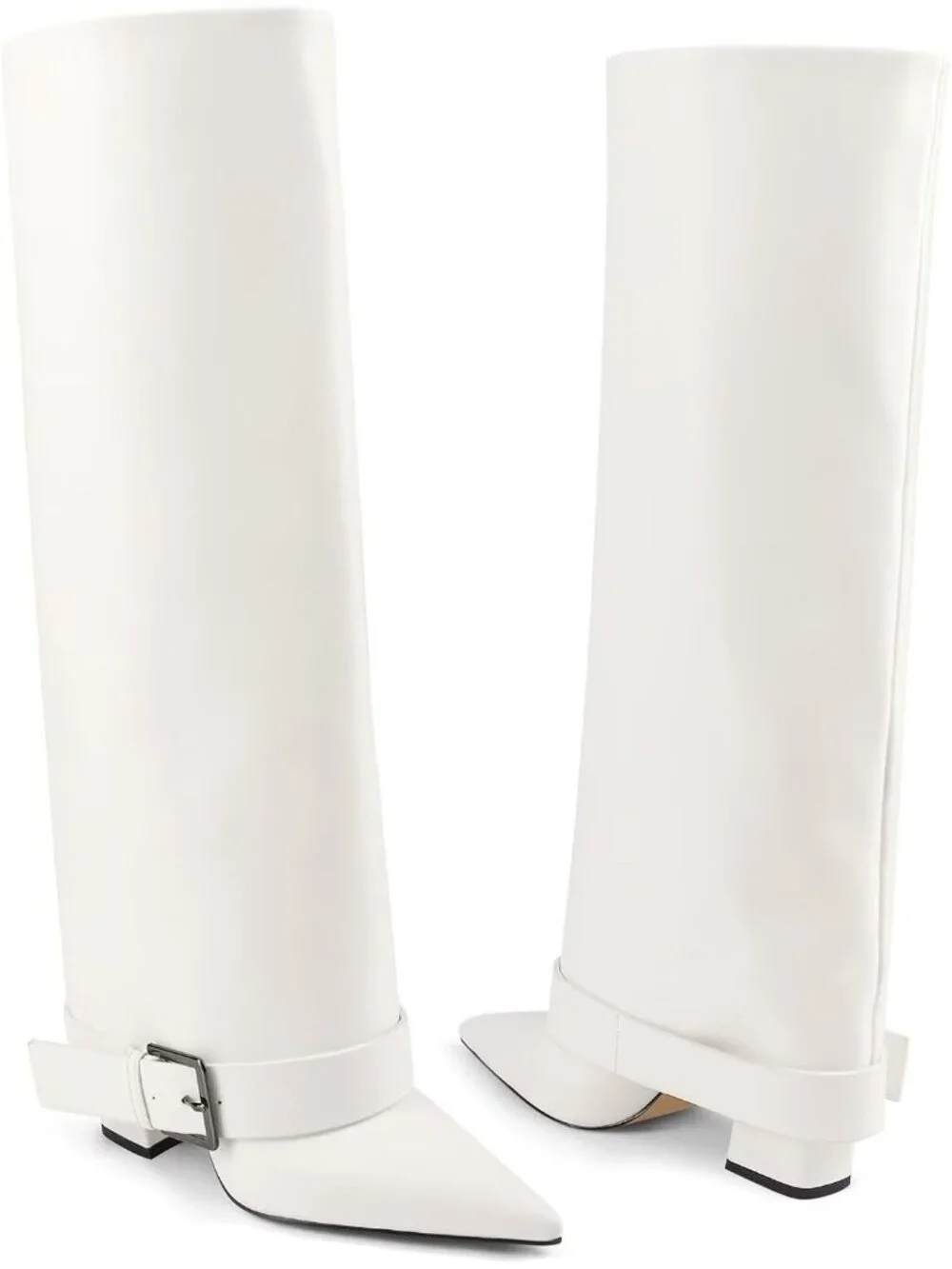 Women's White Chunky Heel Pointed Toe Wide Calf Fold Over Knee High Boots